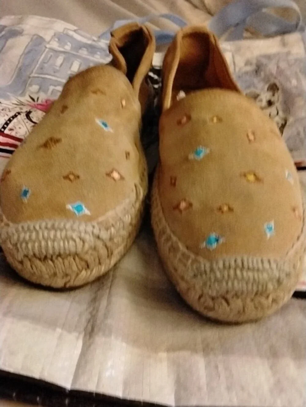 rag & bone Tan Espadrille Flats with Teal and Brown Embroidery